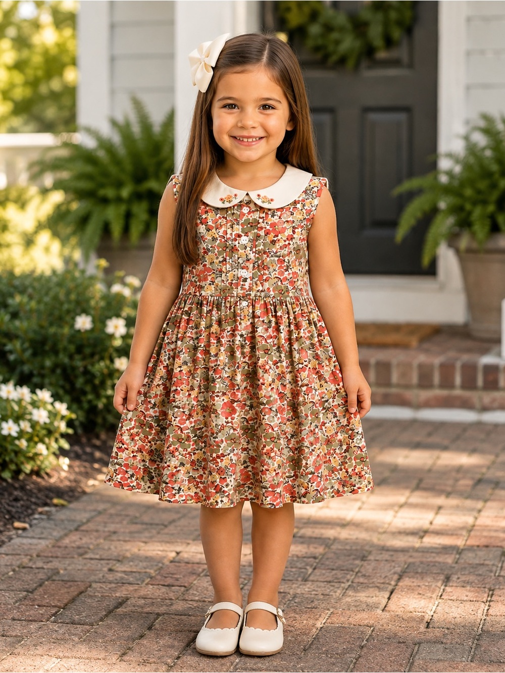 Les Petit Soleils Floral Peter Pan Collar Dress - Cream & Coral